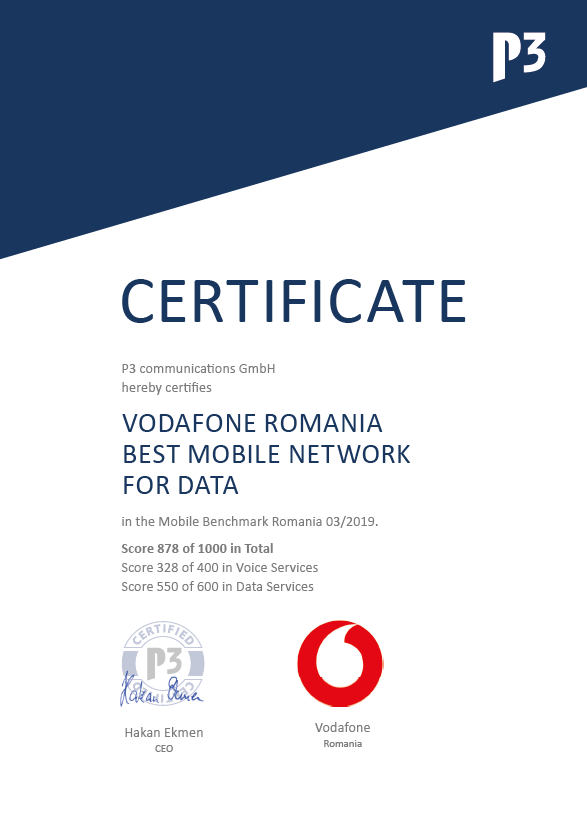 Certificat P3 communications GmbH: Vodafone Romania Best Mobile Network For Data